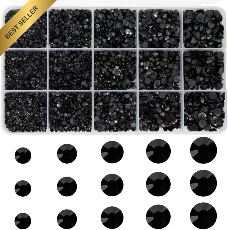 9600 Pcs Black round Flatback Rhinestones, Multi Sizes 2/3/4/5/6Mm Nail Art Gems