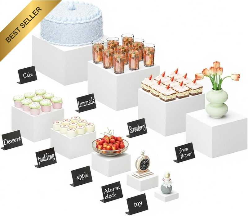 8-Pack Acrylic Buffet Risers with Mini Signs, White