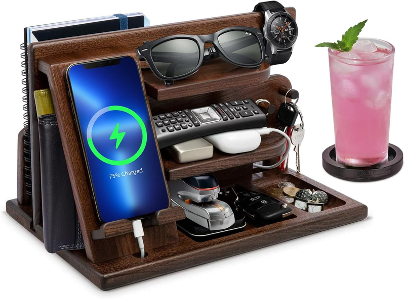 Wood Phone Docking Station Nightstand Organizer Charging Stand Desk Gift Men Dad