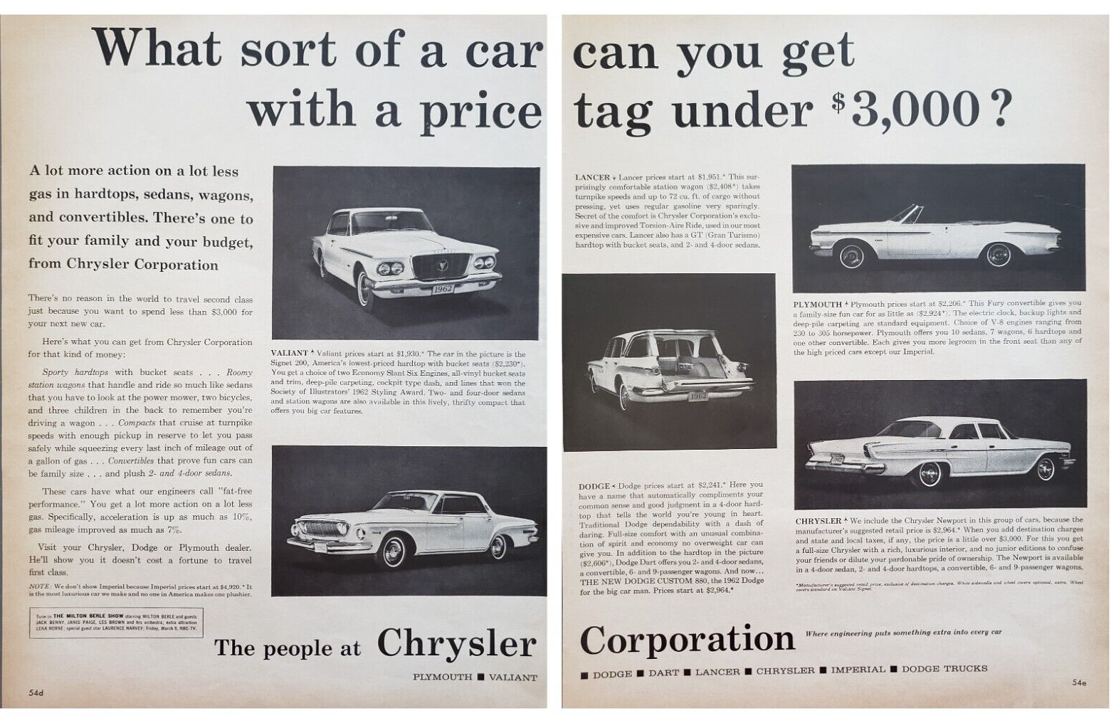 1962 Chrysler Plymouth Valiant Automobile Hard Top Bucket Seats 2 Page Print Ad