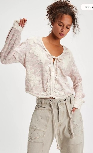 Free People Bali Marlowe Cardi Waffle Thermal Crochet Appliqué Cardigan S