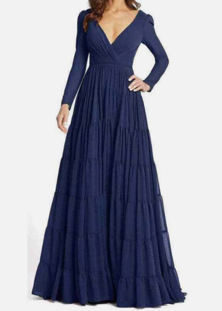 Mac Duggal*エレガントな光沢感*タイネック*ロングドレス カットアウトロングドレス/シアー/長袖/谷間見せ/背中隠し/ワン