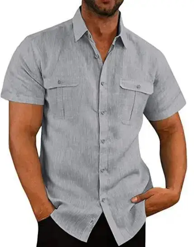 Cotton Linen Hot Sale Men Short-Sleeved Shirts Summer Solid Color Comfort Collar