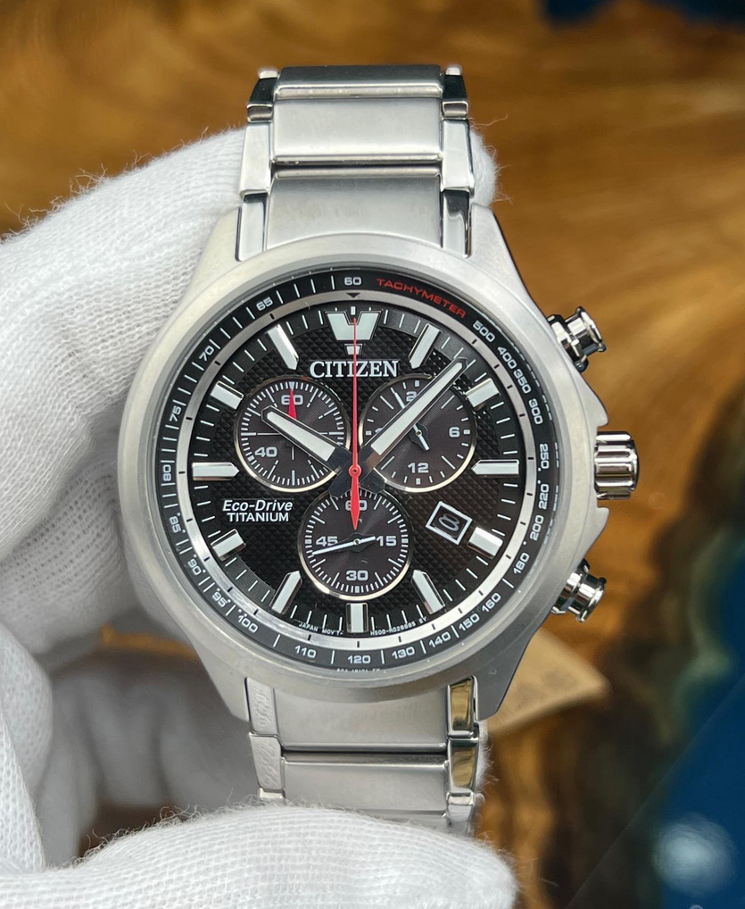 Pre-owned Citizen Super Titanium Sapphire Crystal Chronograph Black Dial Watch At2470-85e