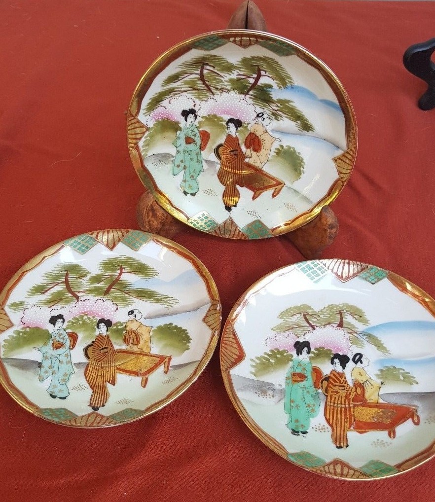 Set of three vintage hand painted TT saucers from Japan