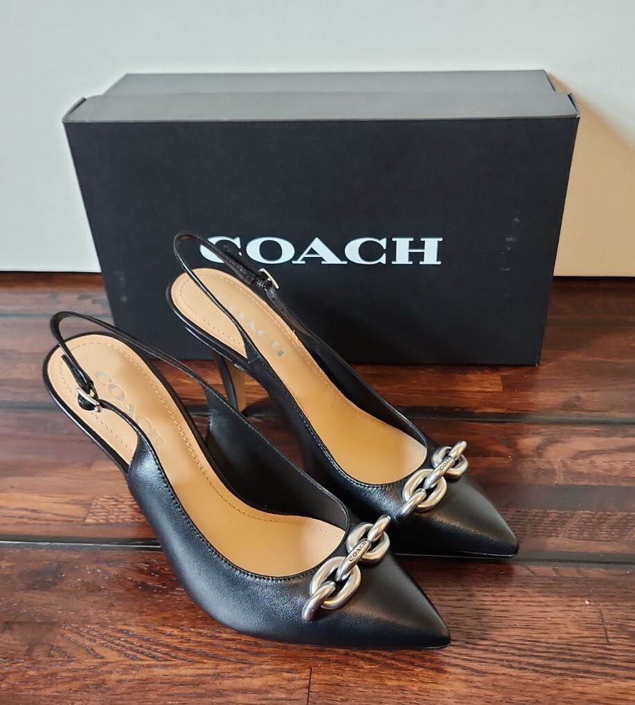 Coach Black And Silver Sadie Leather Slingback High Heels