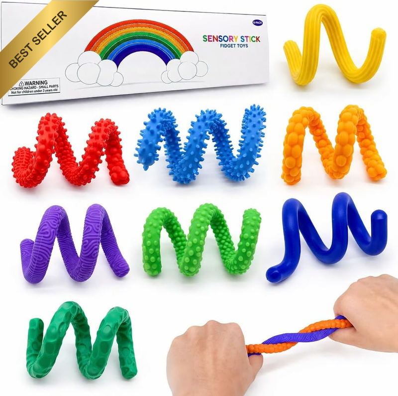 Sensory Fidget Sticks – Pack of 8 Textured Bendable Sensory Toys for Kids and Ad