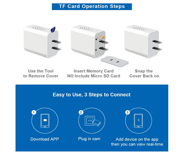 Instructions for TF card installation and device setup steps.