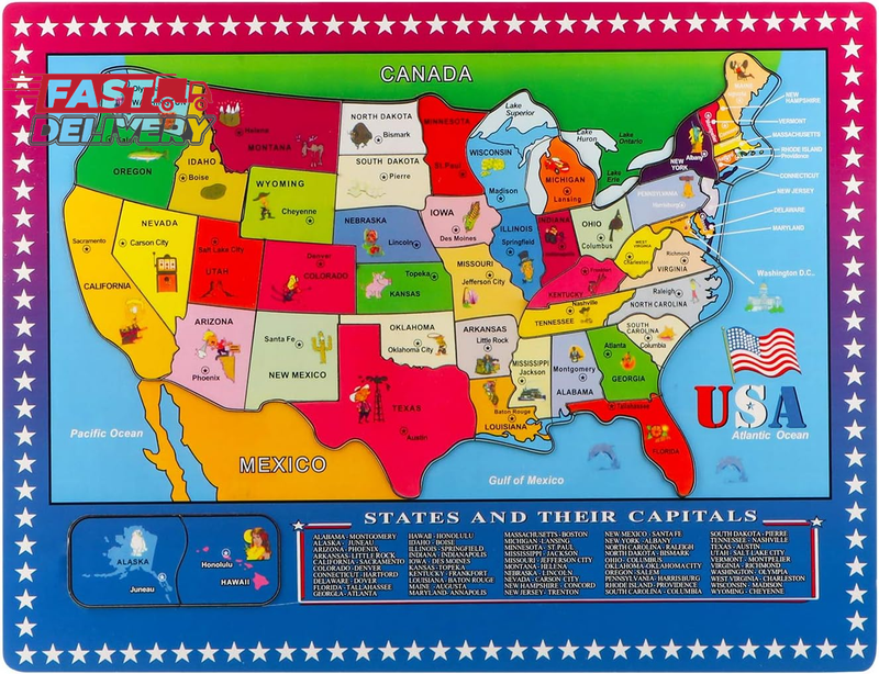Joqutoys Wooden USA Map Puzzle, 46 Pieces US Map Puzzle for Kids