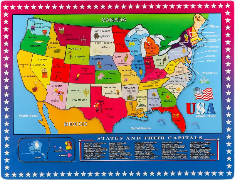  Wooden USA Map Puzzle, 46 Pieces US Map Puzzle for Kids, Educational Geography