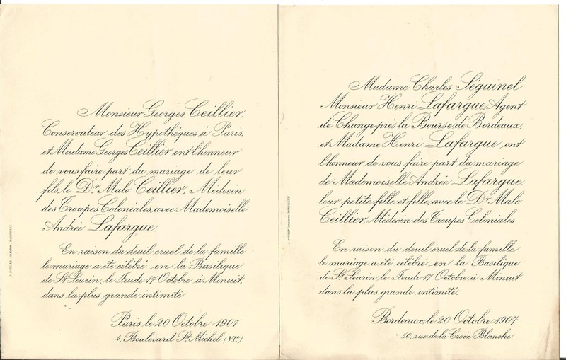 Bordeaux 1907.Faire-Part Mariage Familles Lafargue- Malo Ceillier.