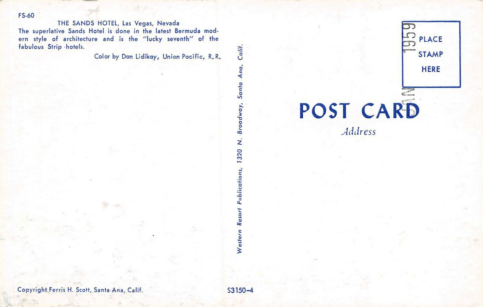 The Sands Hotel Vtg Cars Parking Lot Scene Las Vegas,NV Vtg 1950's Postcard