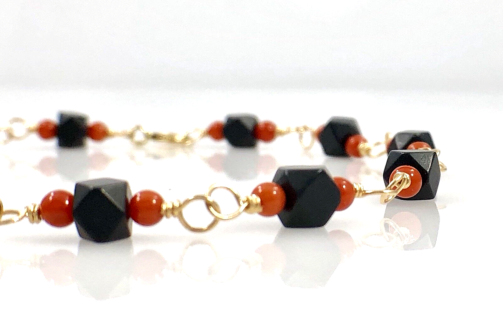 Genuine Azabache & Coral Solid 14K Gold Bracelet, 7.25