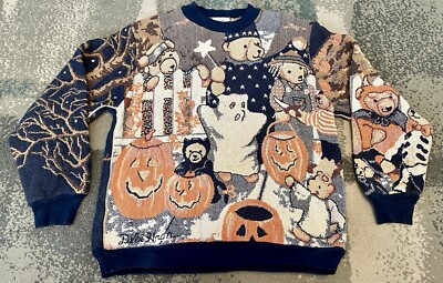 Vintage Sugar Street Weavers Halloween Haunted House Pumpkins Sweater OSFM AOP