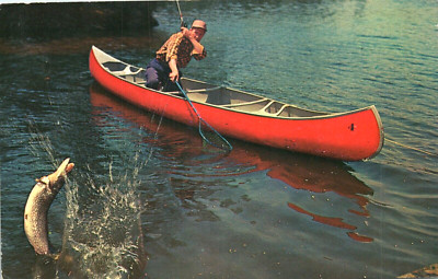 A Good Catch Fisherman Red Canoe Fishing Rod Postcard