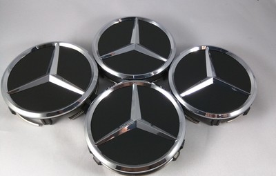 4 PC SET Mercedes Benz Wheel Center Caps Emblem Black and Silver Hubcaps 75MM 