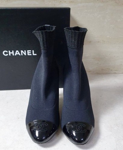 Gorgeous Authentic Chanel Black Patent Leather CC Logo Sock