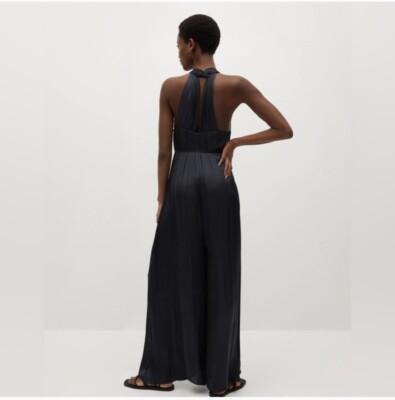 Women s Sleek Black MANGO Cross Strap/Palazzo/Wide Leg Jumpsuit, XS NEW W/Tags