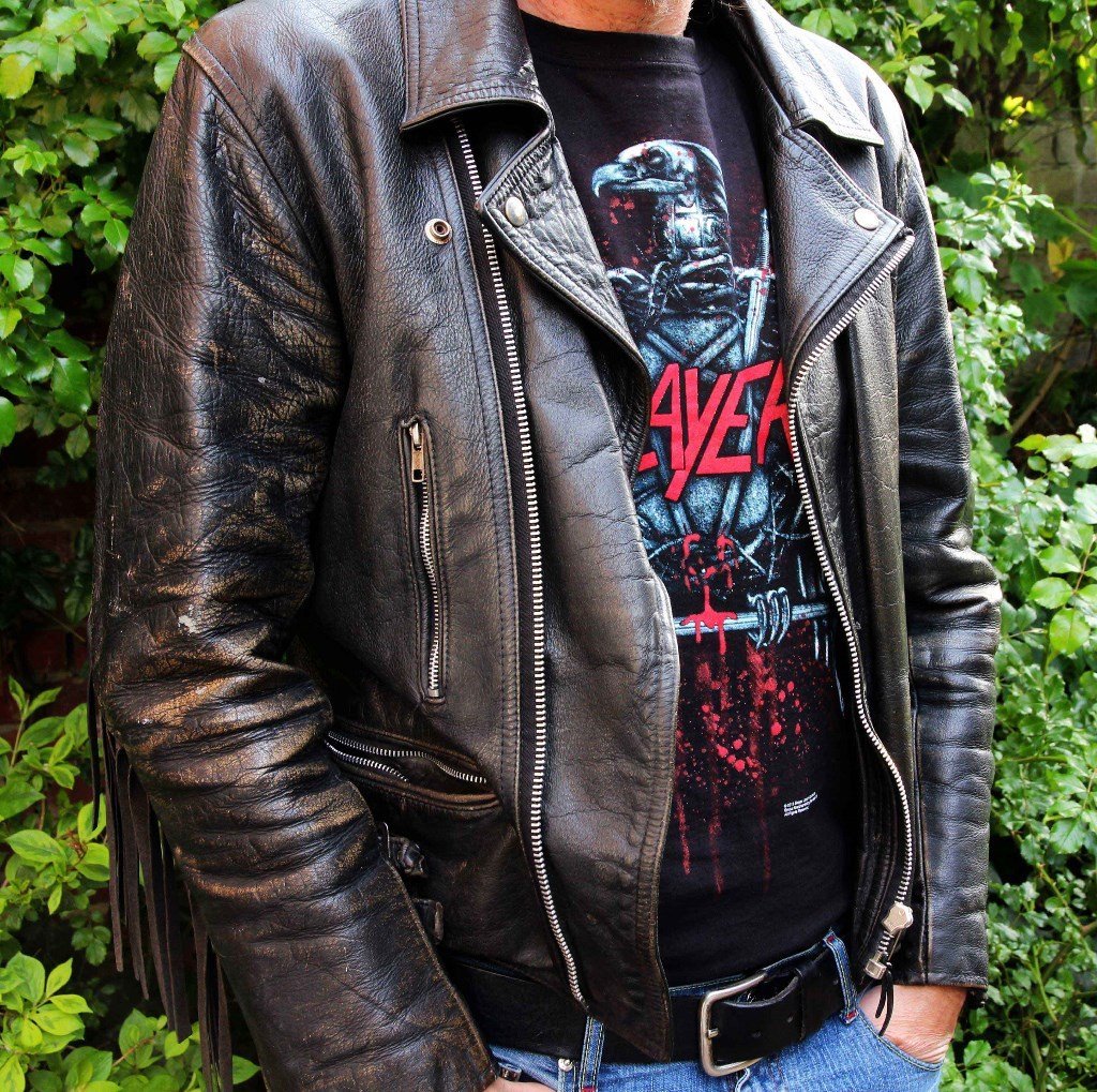 MEN'S VINTAGE 1980s FRINGED GENUINE LEATHER BIKER METALHEAD JACKET