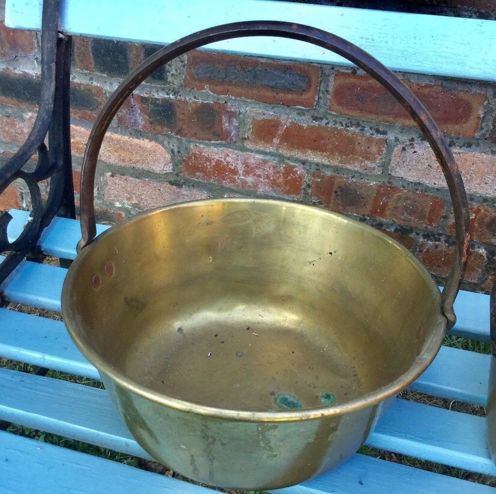 ANTIQUE BRASS JAM POTS, COOKING PANS, HANGING, IDEAL KITCHEN DECORATION