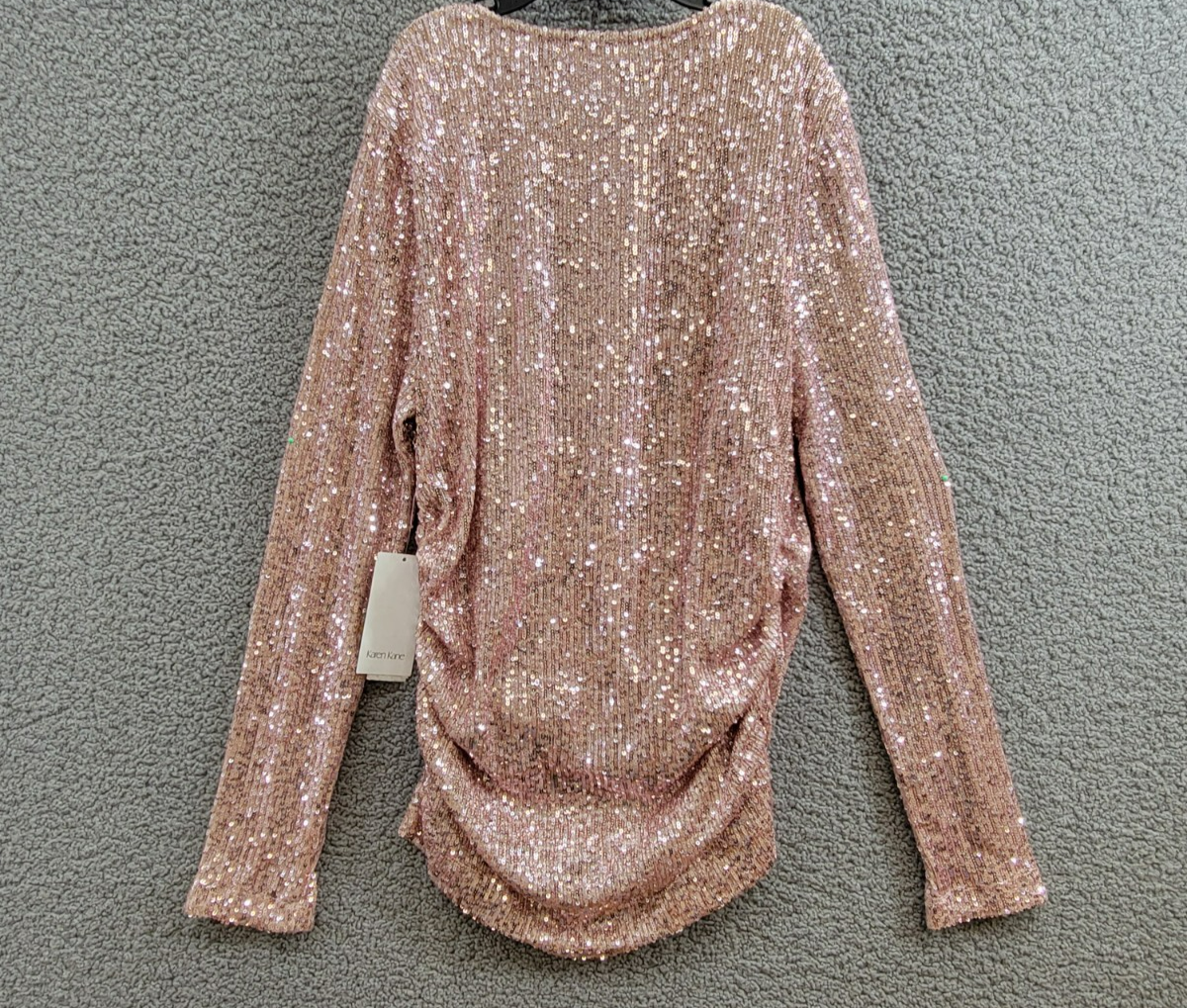 Karen Kane Side Shirred Sequin Top Womens M Pink Round Neck Long Sleeve Pullover - Picture 12 of 15
