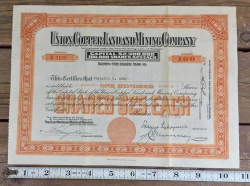 Union Copper Land And Mining Company Michigan Stock Certificate 1939 Orange