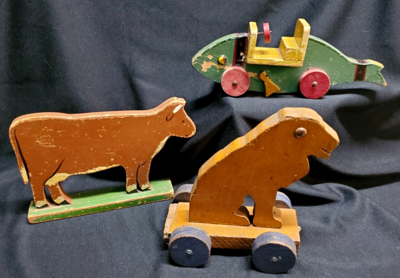 Primitive Pull Toys Painted Wooden Fish Car, Dog, Standing Cow Antique Animals