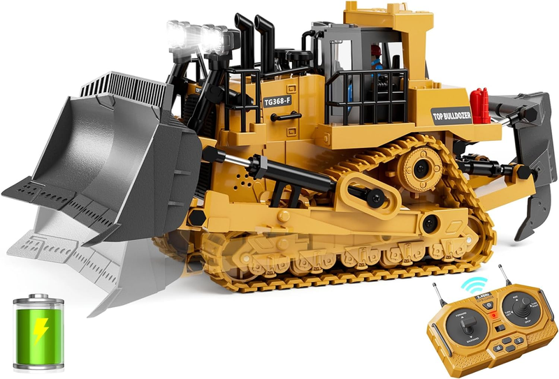 9-Channel Metal RC Bulldozer Toy with Lights and Sound - Con