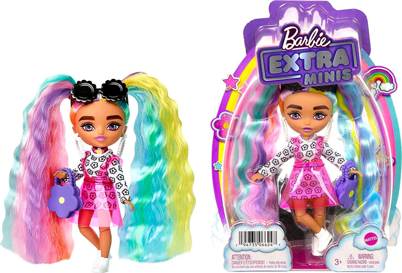 Barbie Extra Minis Doll #6 (5.5 In) with Rainbow Hair, Wearing Flower Print Dres