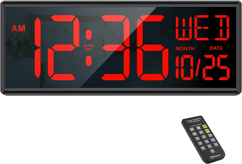 Large Display Digital Wall Clock with Date and Day of Week, Remote Control LED C