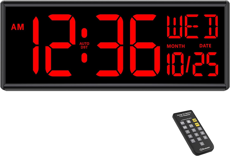 Large Display Digital Wall Clock with Date and Day of Week, Remote Control LED C