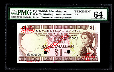 Fiji $1 Dollar ND 1969 SPECIMEN Note P. 59 - 59s PMG 64 Choice UNC QEII Rare 