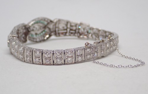 Art Deco Filigree Platinum 4ctw Old European Diamond & Emerald Bracelet 6 3/4
