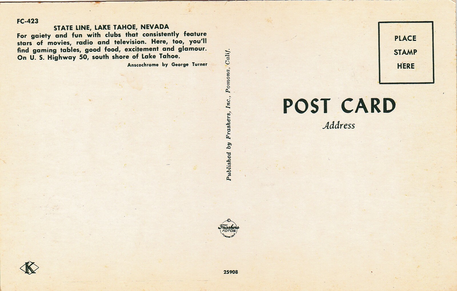 OLD POSTCARD SHOWING EARLY HARRAH'S CASINO, LAKE TAHOE POSTCARD, NEVADA