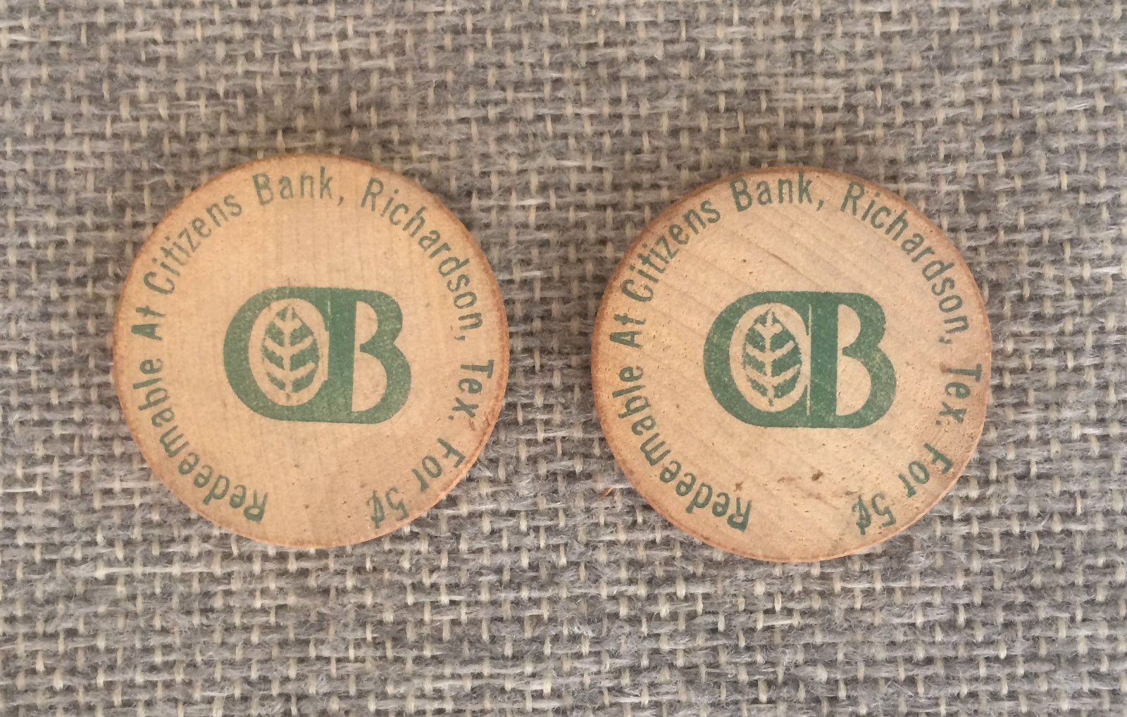 Vintage Lot of 2 Wooden Nickels Citizens Bank Richardson,Texas Free Shipping