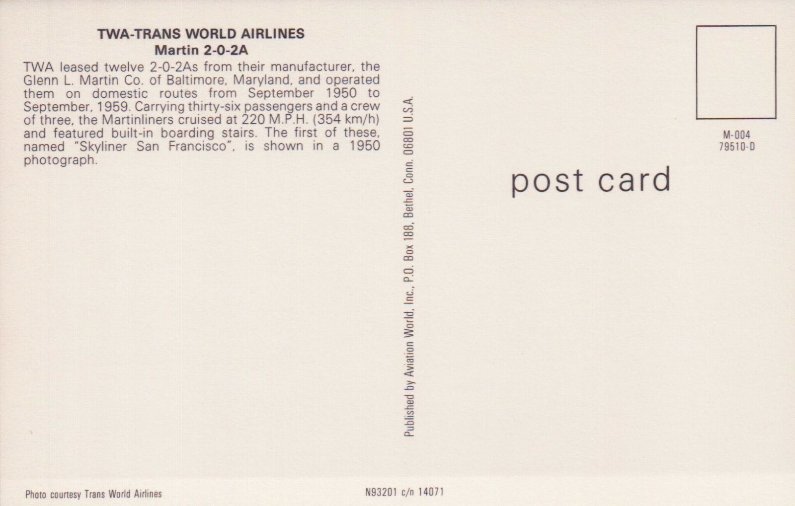TWA Trans World Airlines Martin 2-0-2A Vintage Postcard