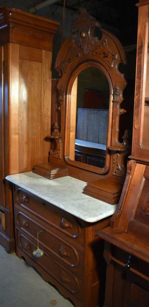 Antique Rennaisance Revival 3-Drawer Marble Top Walnut Dresser & Vanity Mirror