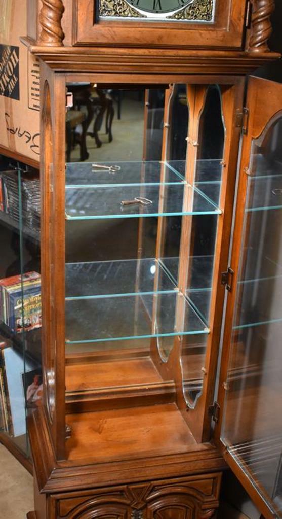 1960s Tempus Fugit Oak Grandfather Clock Curio Cabinet w/Glass Shelves + Light