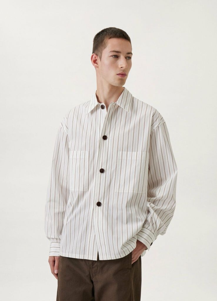 Lemaire L52414 Mens White Brown Beige Striped Poplin Pyjama