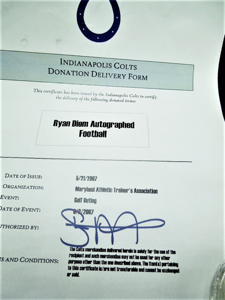 Authentic Signed Ryan Diem Footbal Indiannapolis Colts 2007 Autographed