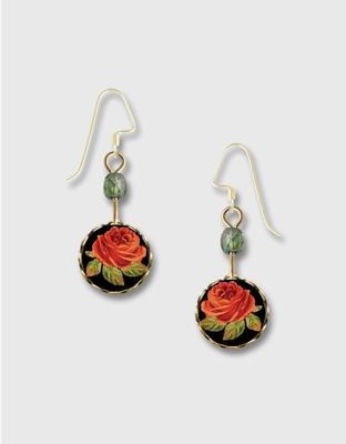 Red Rose Lace Brass Round Disc Earrings by Lemon Tree 14K GF Hook Handmade USA