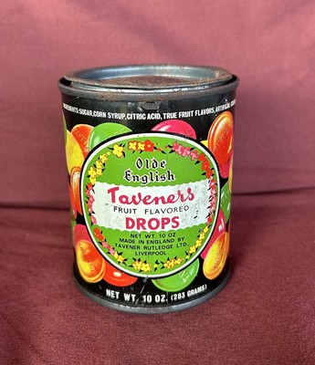 Vintage Olde English Taveners Fruit Drops Candy Metal Tin Can Liverpool England