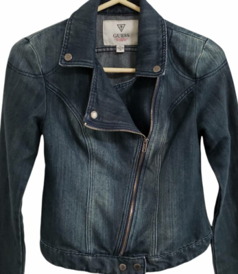 GUESS Womens Denim Motorcycle Jacket Blue Asymmetric Zip Collared