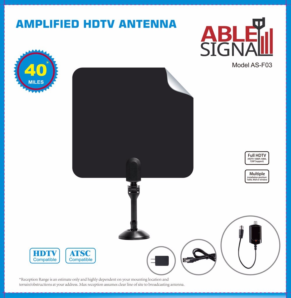 AMPLIFIED INDOOR THIN FLAT HDTV TV ANTENNA 40 MILES 5dB GAIN