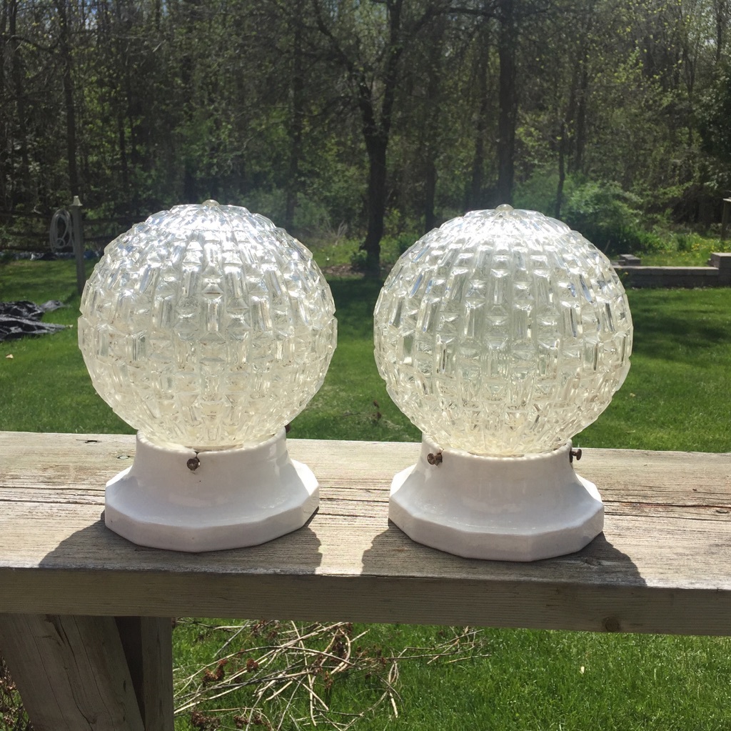 Vintage Pair Ceiling Lights Art Deco Heavy Glass Industrial Machine Age Lamps