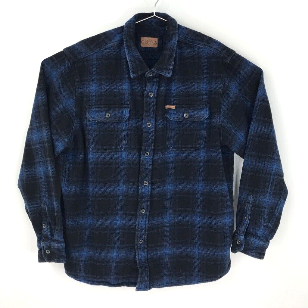 Orvis Heavy Thick Flannel Button-Up Shirt Blue Black Plaid