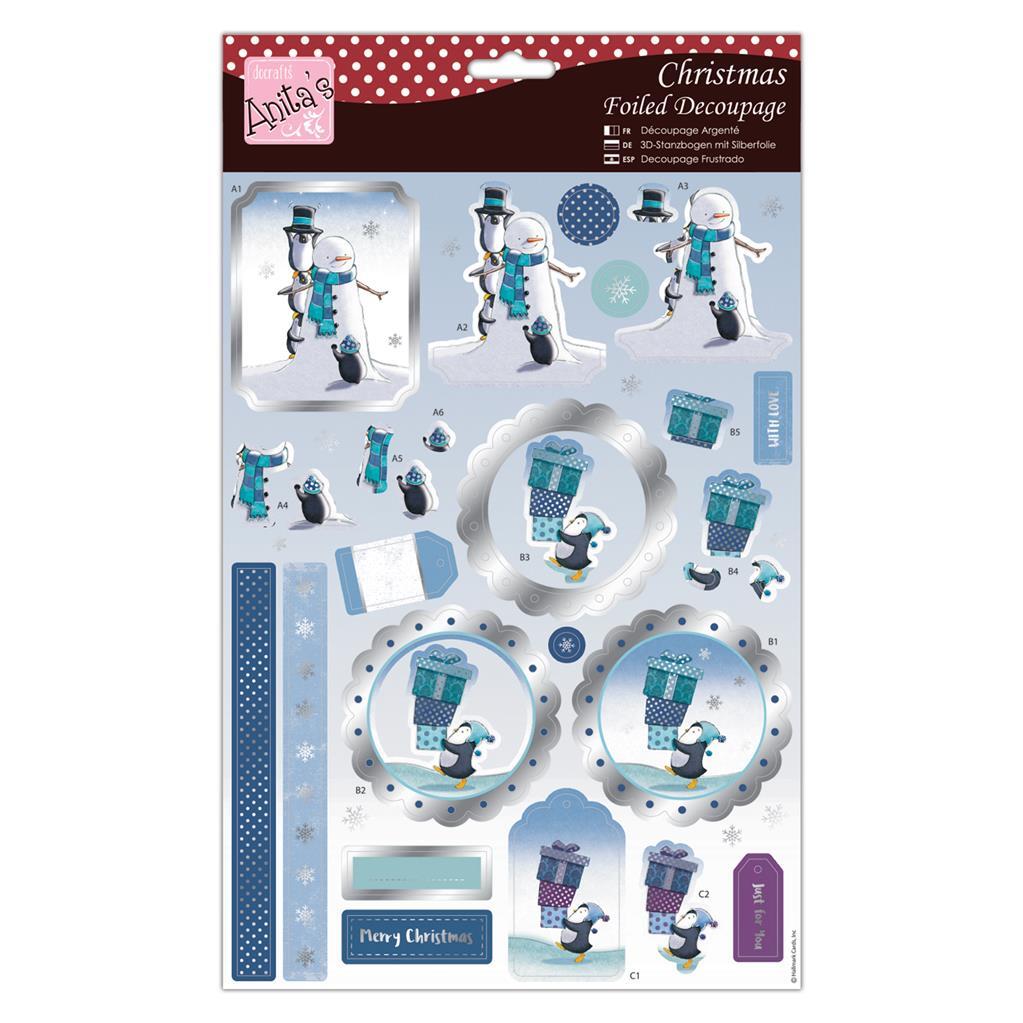 Docrafts 3D-Stanzbogen mit Silberfolie - Anita's - Schneemann mit Pinguinen