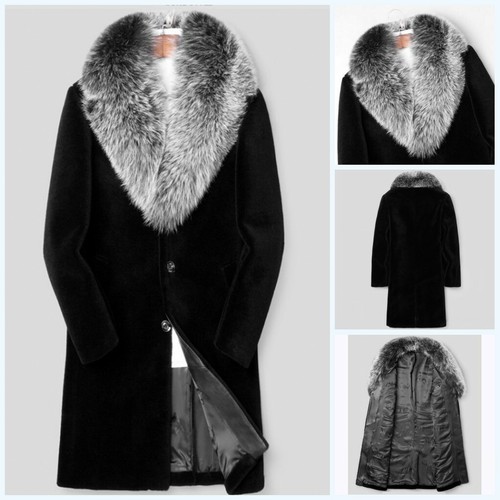 Faux Mink Fur Collar Trench Coat Men/'s Cashmere Overcoat Jacket Outwear FK15
