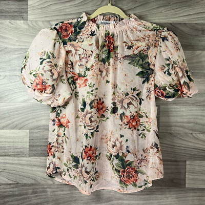 Room Mates Womens Blouse Pink Floral Short Sleeve Puff Sheer Romantic M New