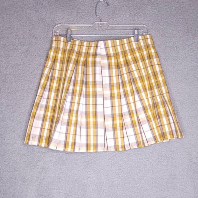 Love Fire Womens Pleated Skirt Gold Plaid Mini Zip Clueless Y2K